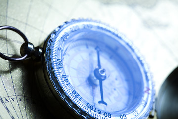 Close up view of the compass on old map