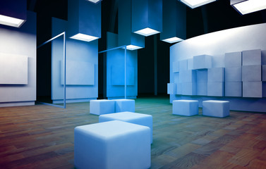 Art gallery with blank frames and blue light colors