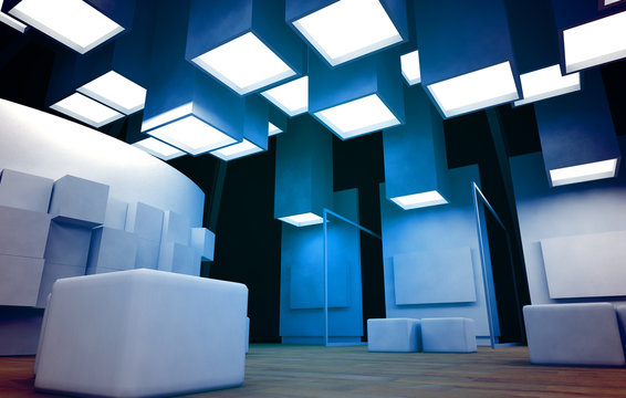 Art gallery with blank frames and blue light colors
