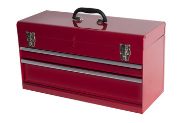 red metal tool box with three