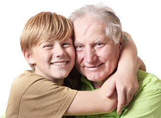 grandfather with boy isolated on white