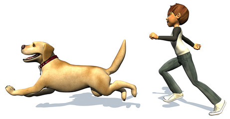kid boy and his dog running a lor
