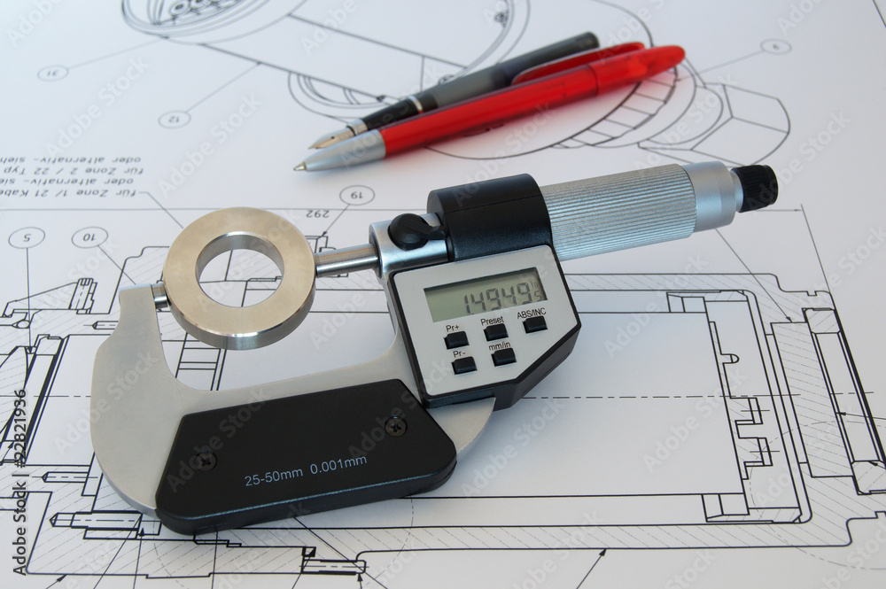 Wall mural Mikrometer, Micrometer on technical drawing