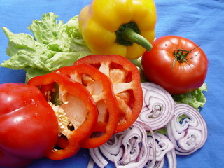 vegetables: tomatoes, onions, peppers, lettuce