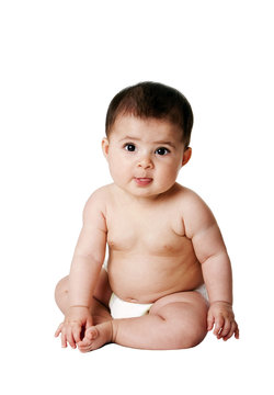 Cute happy baby infant sitting, isolated.