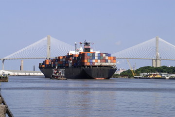 Containerschiff vor Brücke