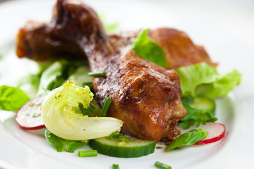 Roast chicken with fresh vegetables and herbs
