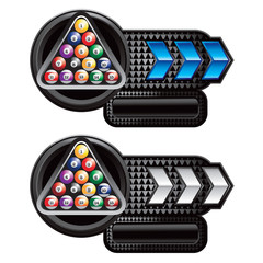 pool balls blue and white arrow nameplate banners