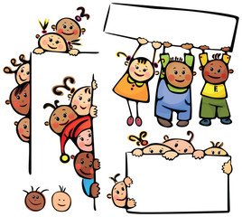 Happy kids standing by white blanks