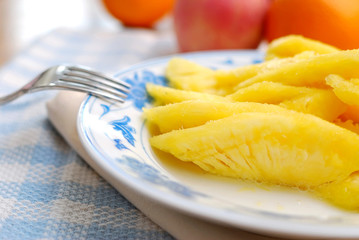 Closeup of freshly cut pineapple fruit