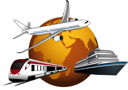 Globo terrestre con aereo, nave e treno