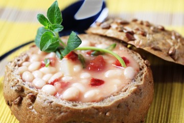 Bean soup in bread bowl