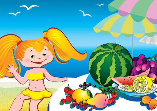 Holiday at the sea. Beautiful girl with plate of fruits.