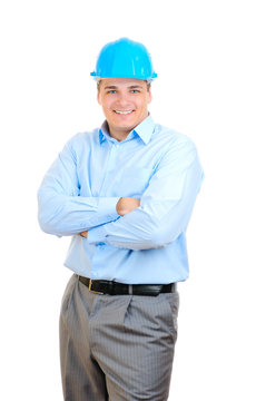 Happy engineer with blue hard hat