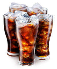 Glasses with cola with ice cubes