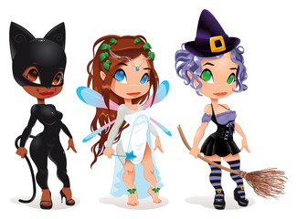 Pussy, Fairy and Witch. Cartoon and vector characters.