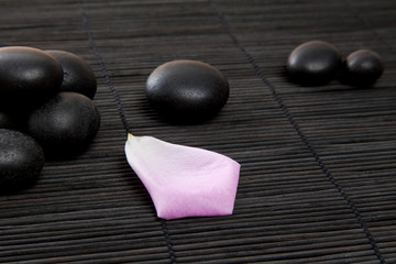 Ambiance zen - pierres noires et pétale de rose