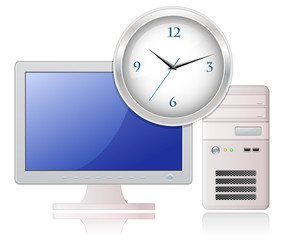 Grey Desktop Computer and Office Clock