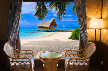 Hotel room and tropical landscape