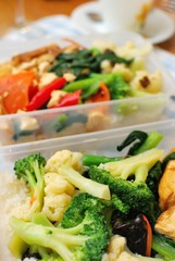 Packed Chinese set meal with vegetables