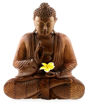 b&eacute;n&eacute;diction de bouddha, statuette en bois, fond blanc