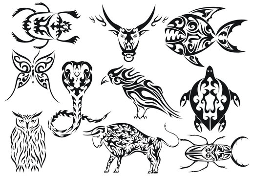 Set of vector tribal animal tattoos