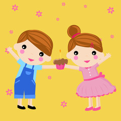 Vector illustration of cute boy and girl with cake