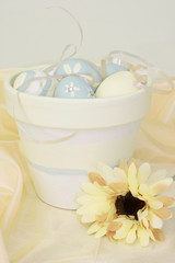 yellow and blue easter eggs in a plant pot 2