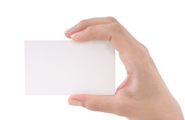 Obraz premium Woman hand holding blank business card isolated