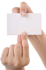 Woman hand holding blank business card isolated
