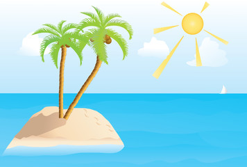 Island in the sea with two palm trees and a sail on horizon