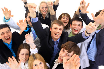 Portrait of smiling business people against white background