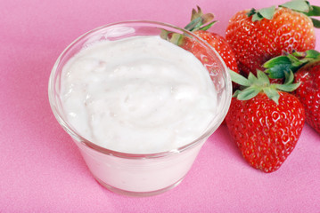top view strawberries and yogurt