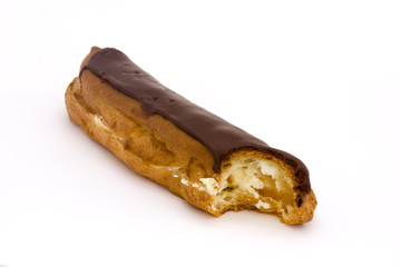 chocolate eclair with a bite taken