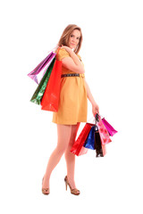 Beautiful young woman with color shopping bags in her hand. Isol