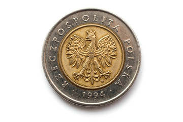 Macro close-up of reverse of polish coin