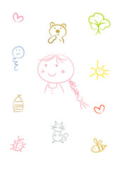 Clipart-Set: Kinderwelt - Kleines Mädchen und bunte Symbole