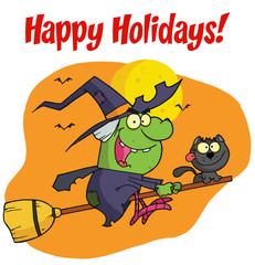 Happy Holidays Greeting Over A Halloween Witch And Cat