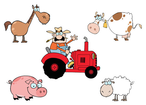Caucasian Farmer On A Tractor, With A Horse, Cow, Pig And Sheep