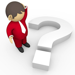 businessman scratching hair. confused by big question mark.