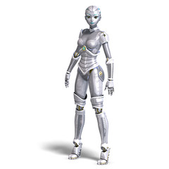 female sexy metallic robot. 3D rendering with clipping path and