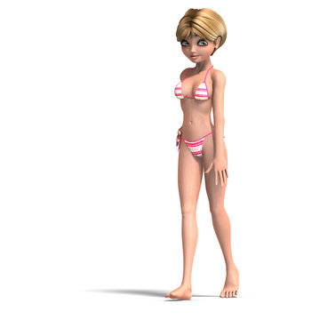 cute and funny cartoon girl wearing a two piece bikini. 3D rende