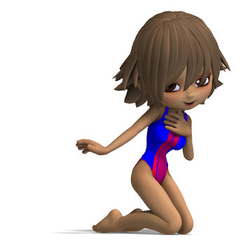 beautiful cartoon girl in a onepiece swimsuit. 3D rendering with