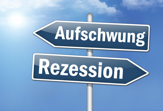 Wegweiser-Schilde "Aufschwung vs. Rezession"