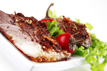 served beef steak on plate