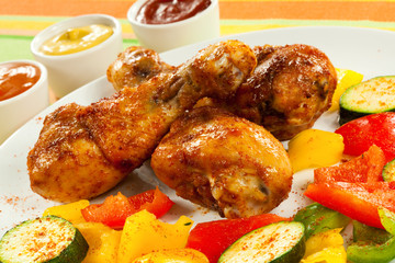 Roasted chicken drumsticks and vegetables