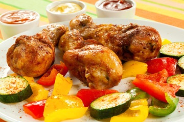 Roasted chicken drumsticks and vegetables
