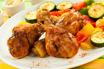 Roasted chicken drumsticks and vegetables