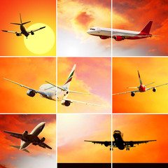 Collage of photos by airplanes at fly on the sky with clouds