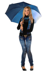 Beautiful cheerful blonde with blue umbrella